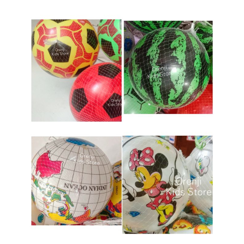 MAINAN Bola Karet motif diameter 20cm. basketball, bola stabilo, soccer ball, semangka, globe, bola 