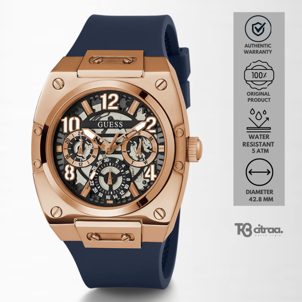 Jam Tangan Pria Guess Prodigy GW0569G3 Rubber Sillicone Blue Rose Gold Mewah Casual Original