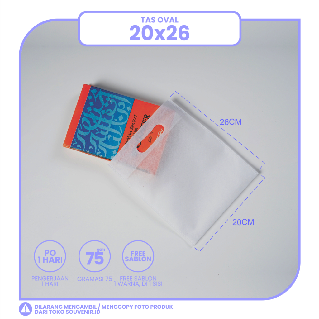 

TAS SPUNBOND OVAL 20X26 (SABLON COSTOM) UNTUK TAS SOUVENIR, SYUKURAN, MENGENANG, PROMOSI, MAP, CLOTHING, LEMBAGA DLL