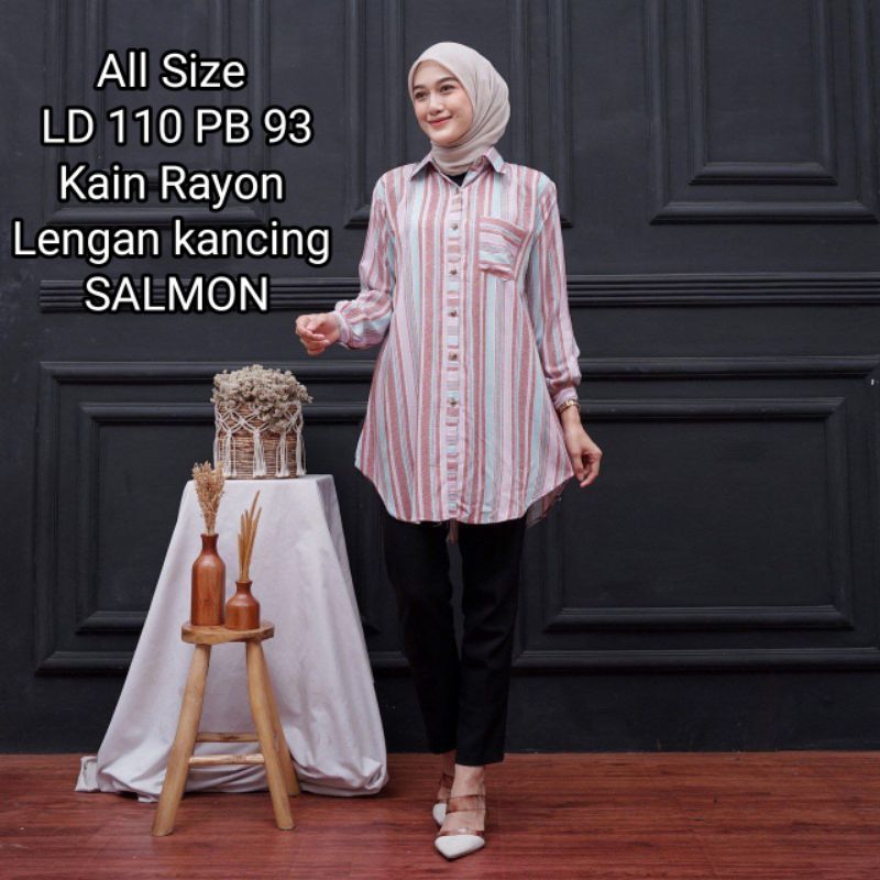 Tunik Katun RAYON Salur Terbaru Tunik garis salur Wanita//Kemeja JUMBO MOTIF Terbaru Tunik