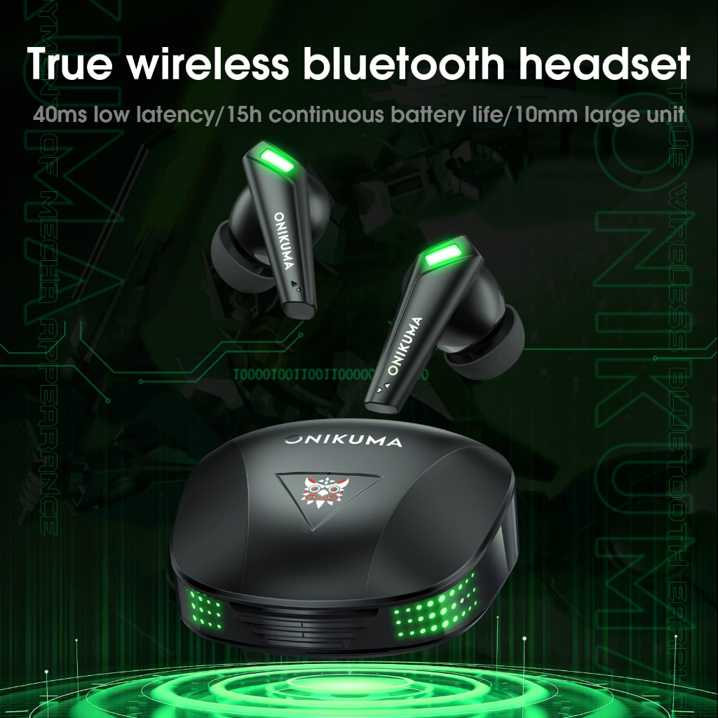 ONIKUMA T308 Headset Bluetooth TWS Gaming Earphone Kedap Suara Headphone - Black green LED BERGARANS