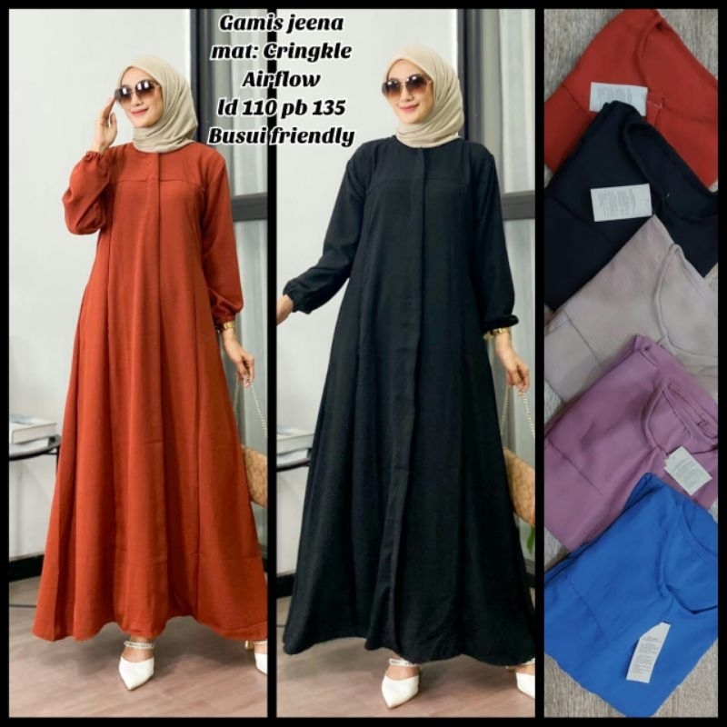 Gamis Jeena Crinkle Polos Airflow Terbaru / Dress Kekinian 2024