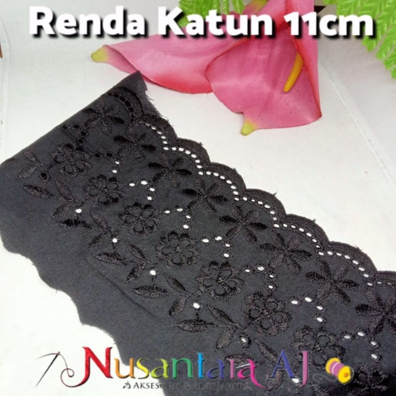 Renda katun lebar 11cm, renda katun besar, renda katun hitam per yard