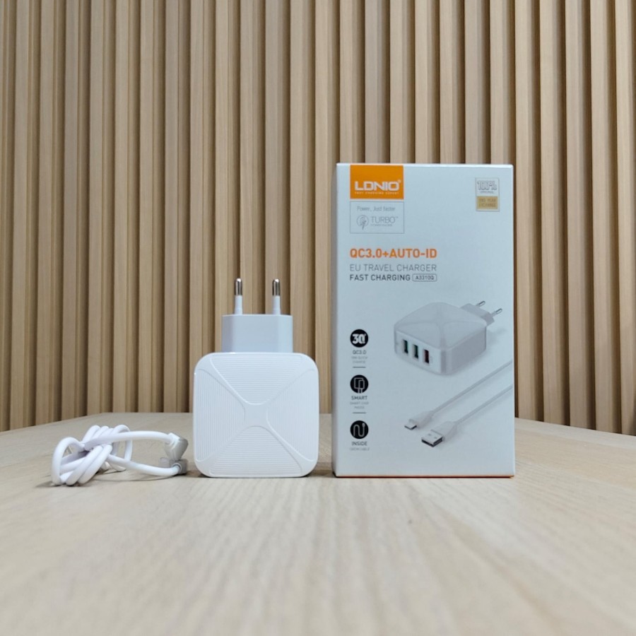 LDNIO A3310Q Charger HP iPhone super cepat Lightning usb 33W 3 USB