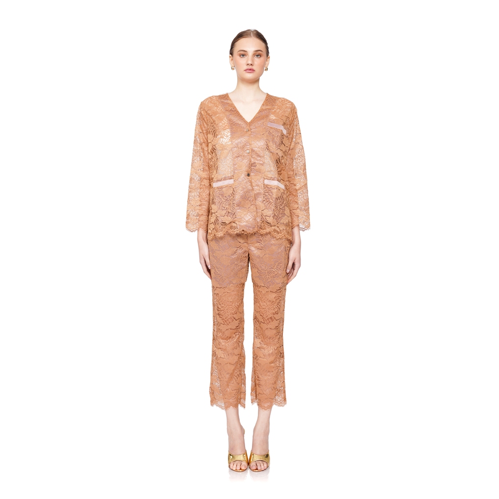 Nagita Slavina Lace Set Shirt-Outer & Long Pants In Brown