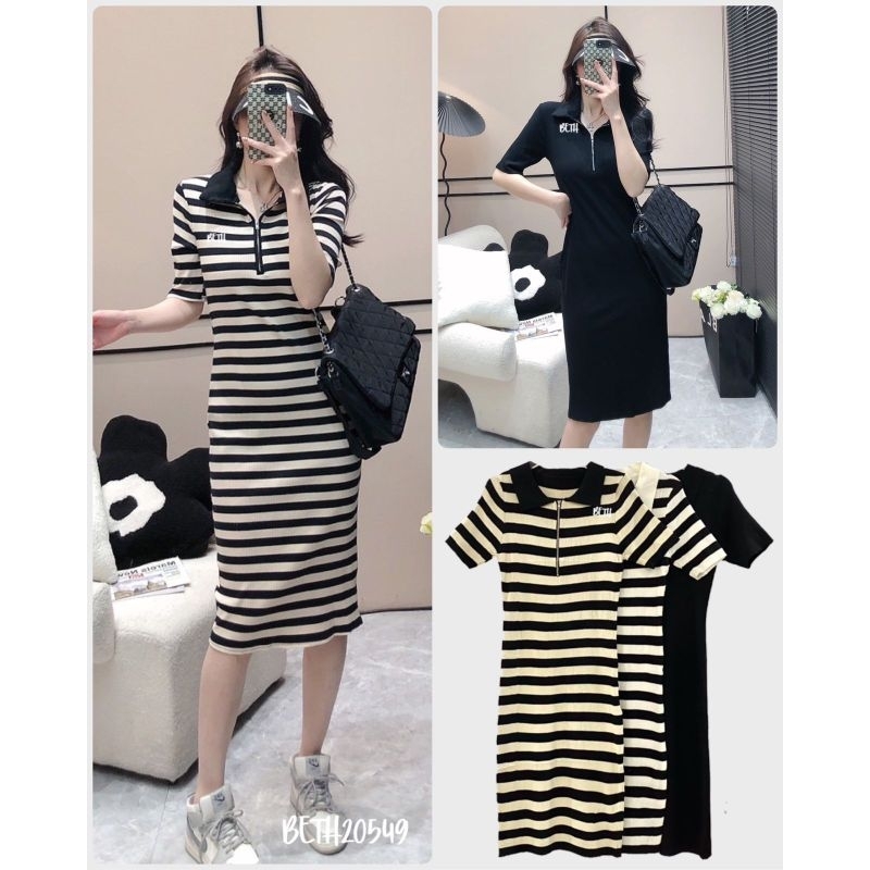 Dress Polo Neck Zipper Midi Knit Dress Import