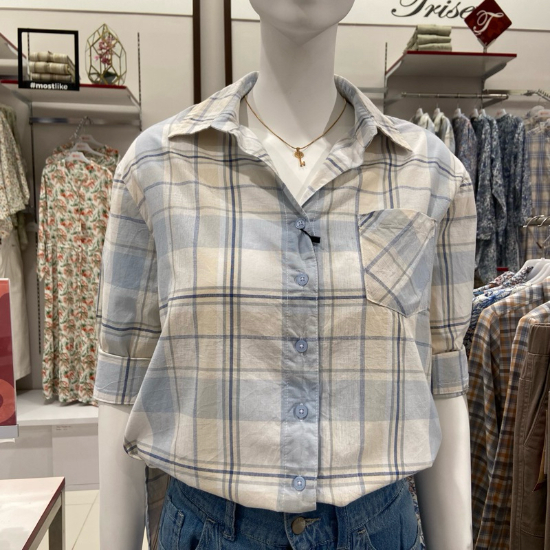 kemeja blouse wanita Triset motif kotak kotak