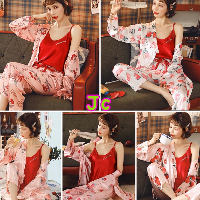 Paling Murah JC Set Kimono Satin 3in1 Import PP  Kimono sleepwear  Kimono Satin Set 3in1 Import Kore