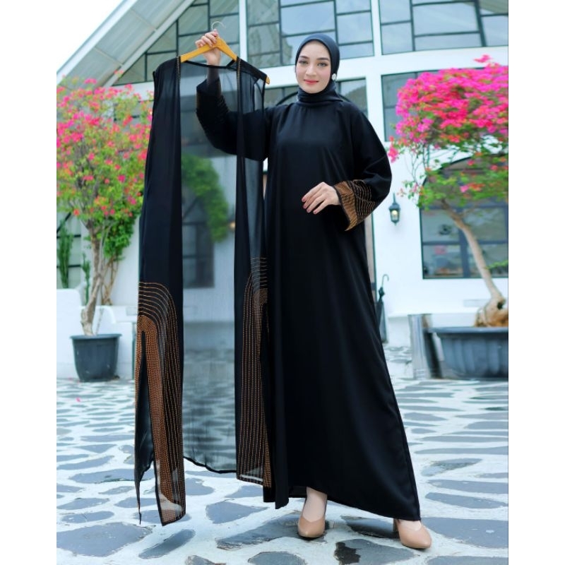 Alma Exclusive Abaya Rompi Asyifa Swarosvky Gamis Syari Hitam Bordir Turkey Muslimah Cantik Turki