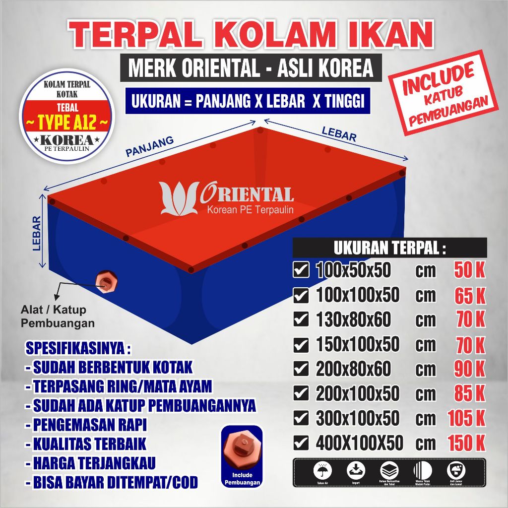 Kolam Terpal Ikan TAMBAK Type/Ketebalan A12 ( PLUS LUBANG PEMBUANGAN ) ASLI Korea Terpal Kolam Ikan 