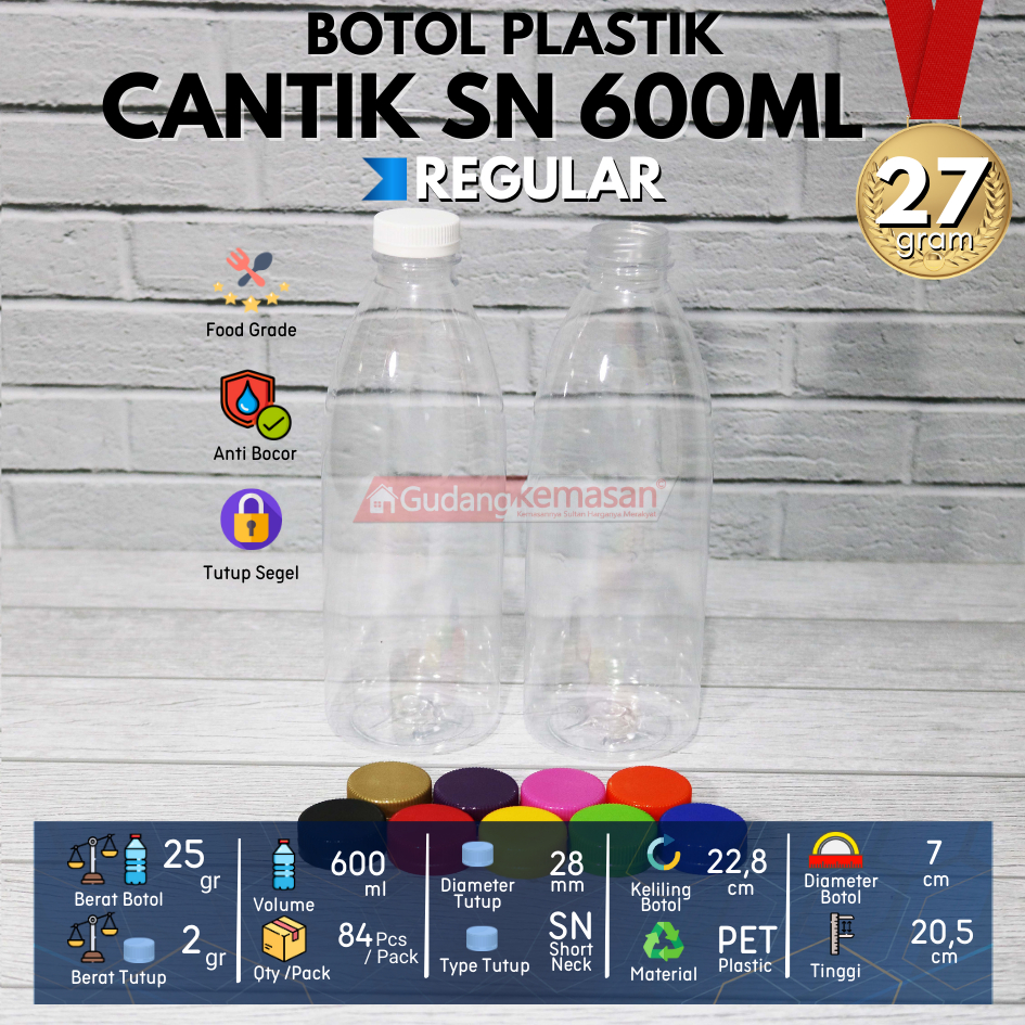 BOTOL PLASTIK MINUMAN CANTIK 600ML TUTUP SN SEGEL WARNA WARNI