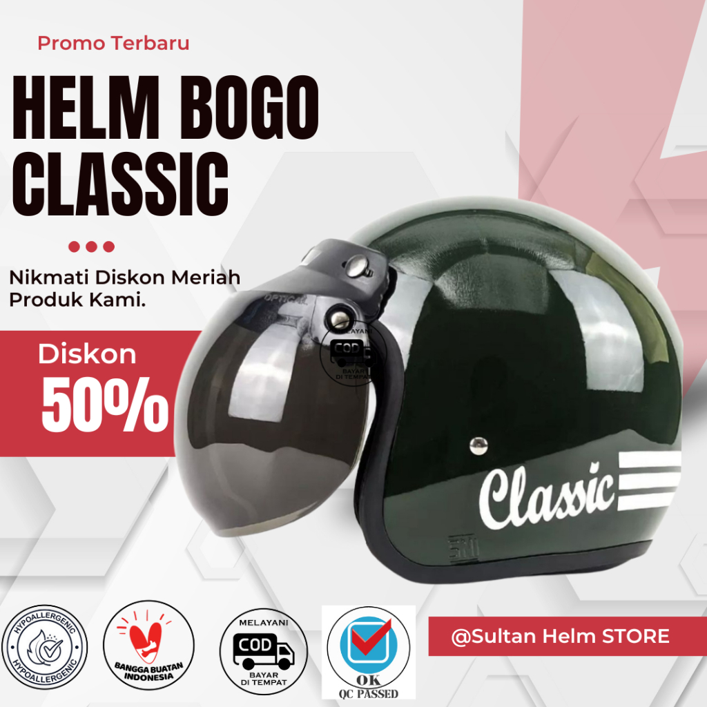 Helm helem bogo CLASSIK dewasa pria wanita SNI retro murah kualitas PREMIUM stiker garis TIGA untuk 