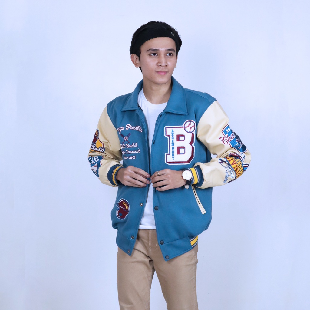 BESTPROMO JAKET VARSITY DIVISION JACKET WINDBREAKER BASEBALL VINTAGE BORDIR TEBAL LENGAN KULIT