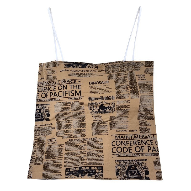 [ KHAEFASHION ] - (BR161) Crop Tank Top Motif Koran News Paper Printing Baju Atasan Sexy Wanita Ada 