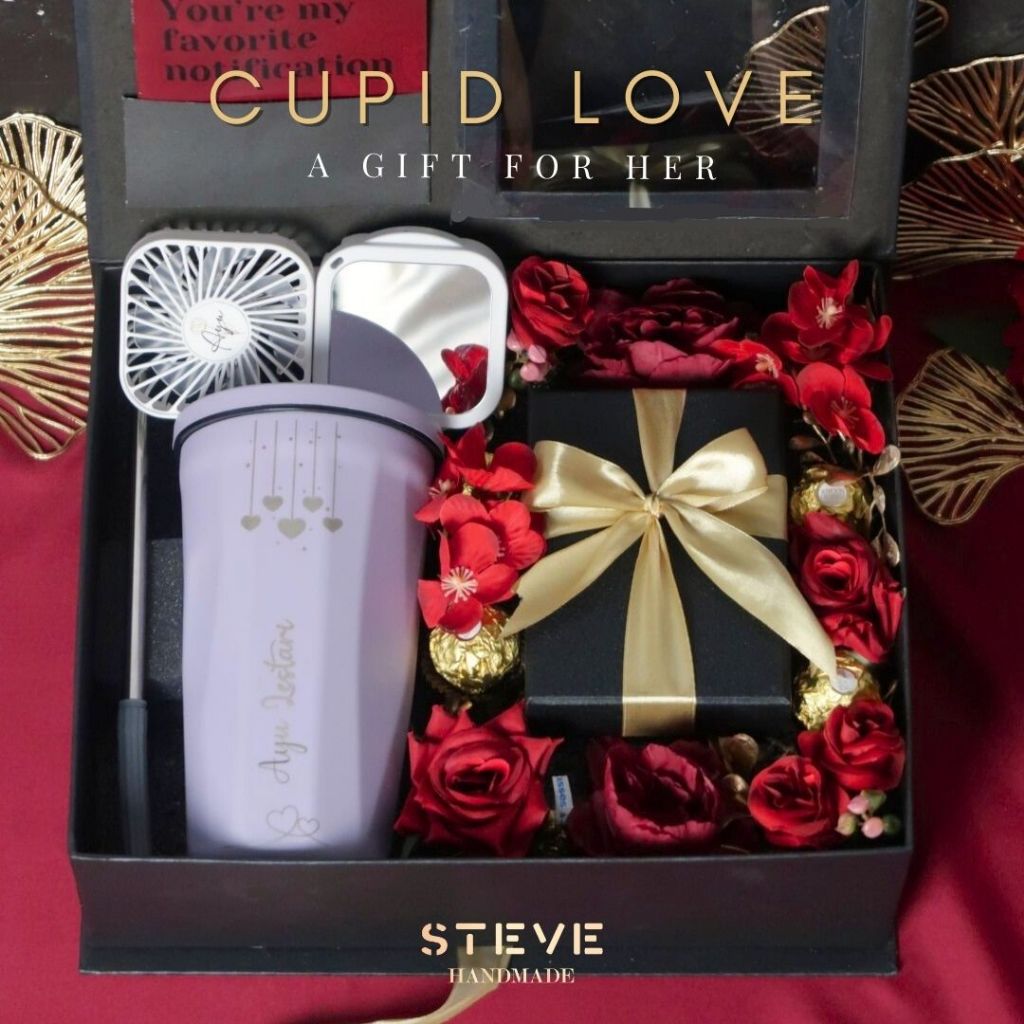 

Cupid Love - Valentine Hampers Gift Set For Her Hadiah Anniversary Kado Pacar Cewek Voice Recorder Bunga Coklat Tumbler Straw Portable Fan Mirror
