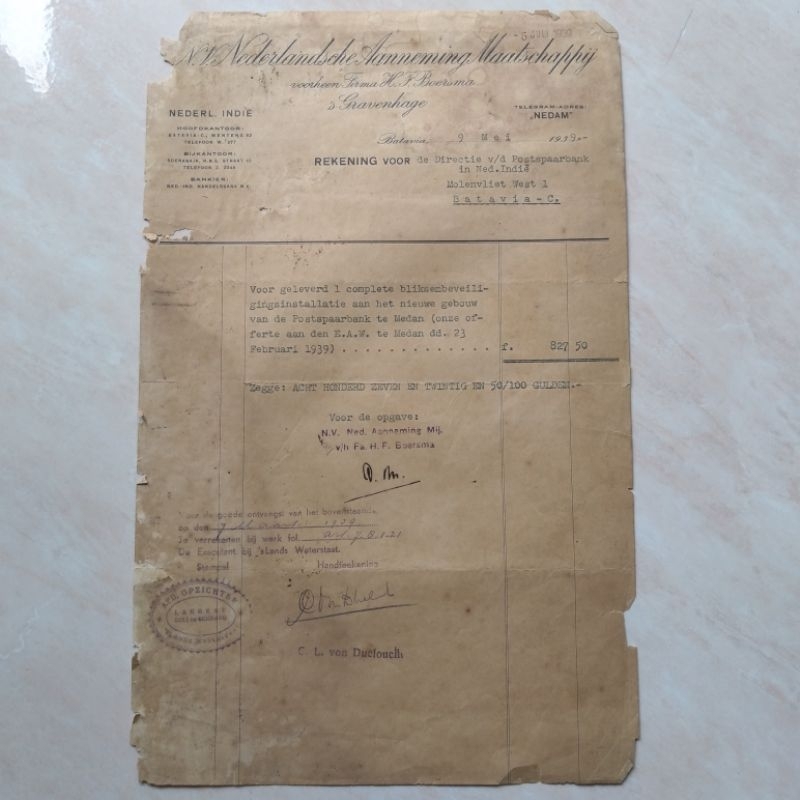 Koleksi Dok Arsip Kuno Nota Faktur Era Nederland Indie 1939 - YN1135