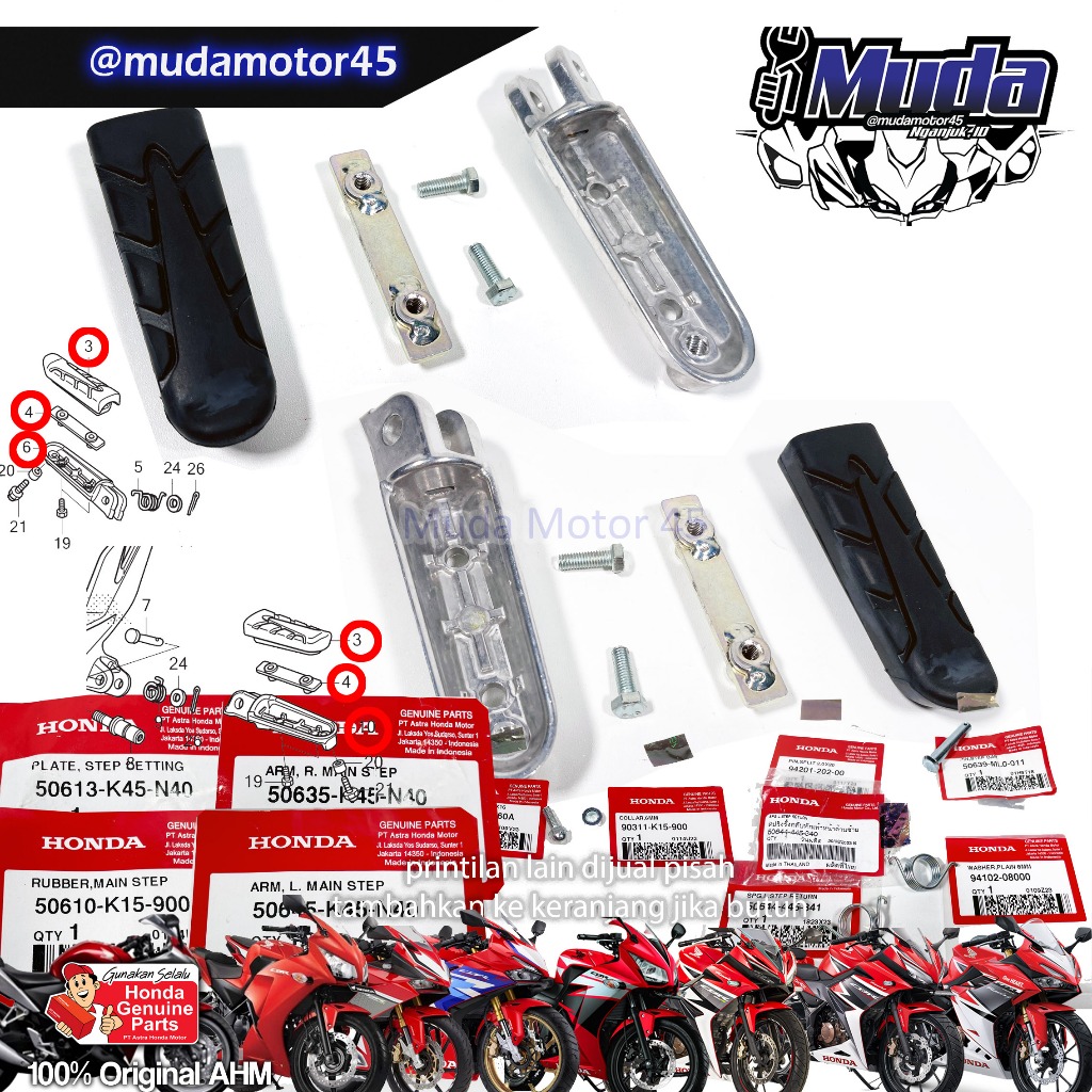 FOOT STEP DEPAN SET KANAN KIRI CBR150R 50635-50645-K45 A K45G PNP CBR250RR CBR 250 R POSTEP BAR FOOT