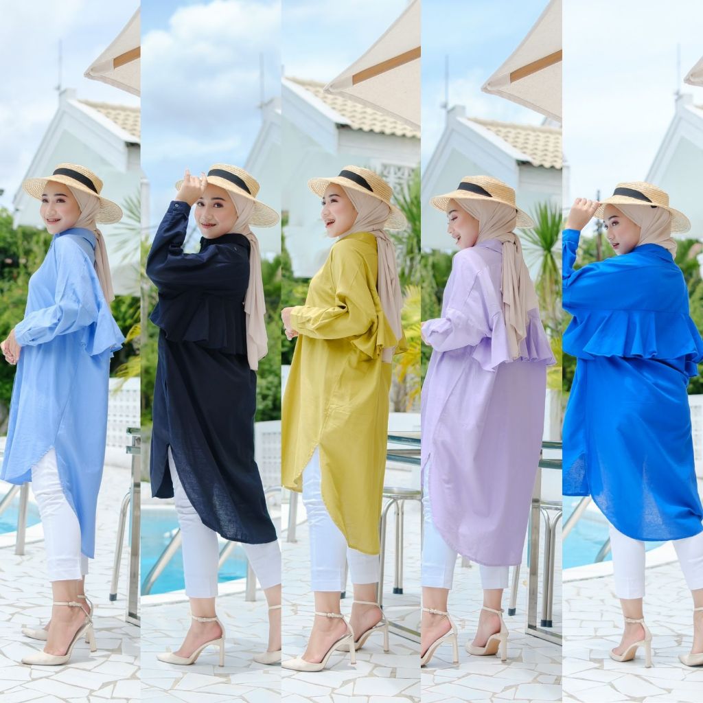 Atasan Wanita Kemeja Polos Lengan Panjang Cewek Katun Linen Rami Premium Dubai Long Tunik