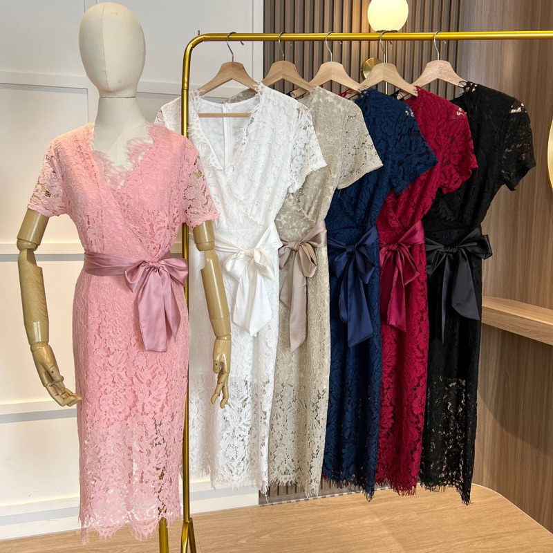 D1535 VEXANABERLENGAN LACE BROCADE VINTAGE MIDI DRESS PESTA