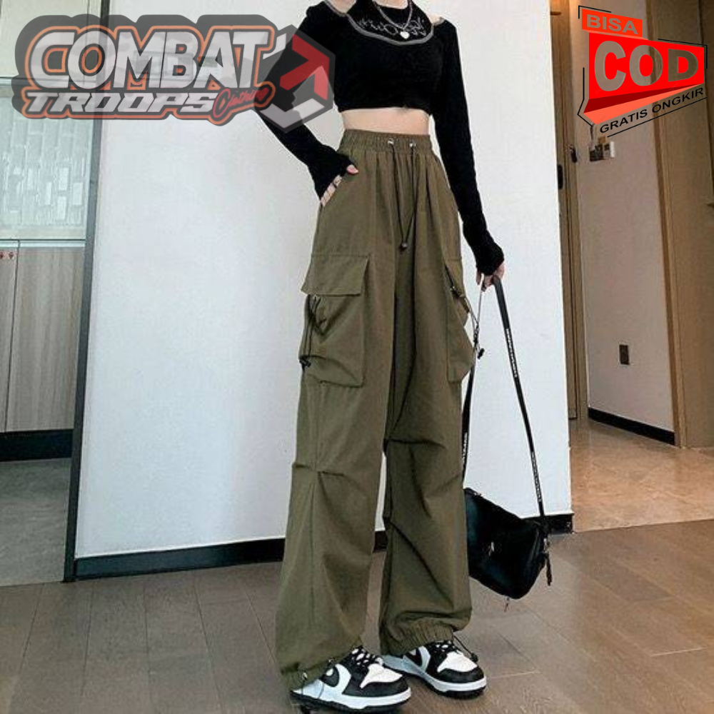 Pants Wanita Premium Highwaist Polos Casual Serut Oversize Celana Lily Cargo Pants Celana Cargo Stre