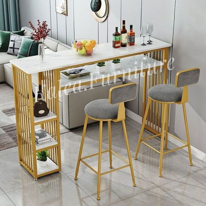Set Meja & Kursi Bar Minimalis Industrial Besi Motif Marmer Marble Meja Makan Modern