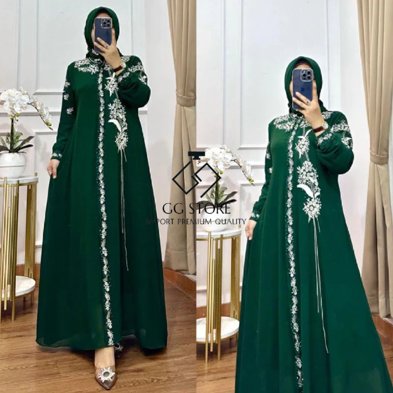 GAMIS BUNGA TANGKAI CERUTY BABYDOLL IMPORT PREMIUM ( FREE HIJAB )