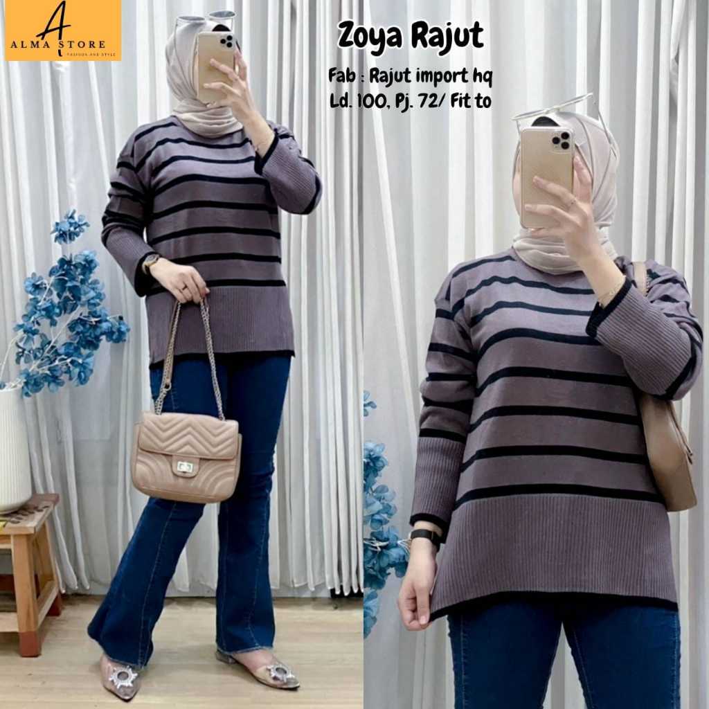 zoya atasan kaos top t-shirt baju rajut knit stripe striped stripes salur garis lengan panjang ld 10