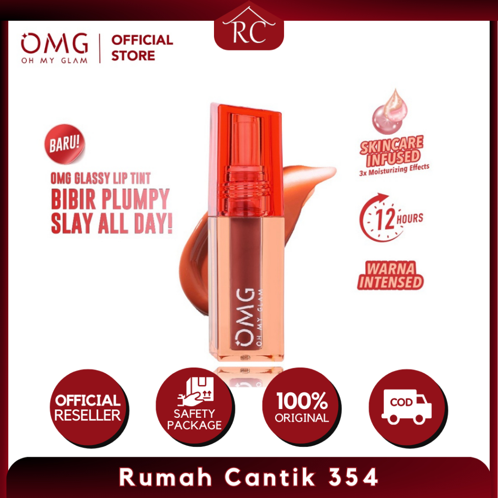 OMG OH MY GLAM Glassy Lip Tint Rumah Cantik 354 Lip Tint Warna Intense Tahan 12 Jam Skincare Infused