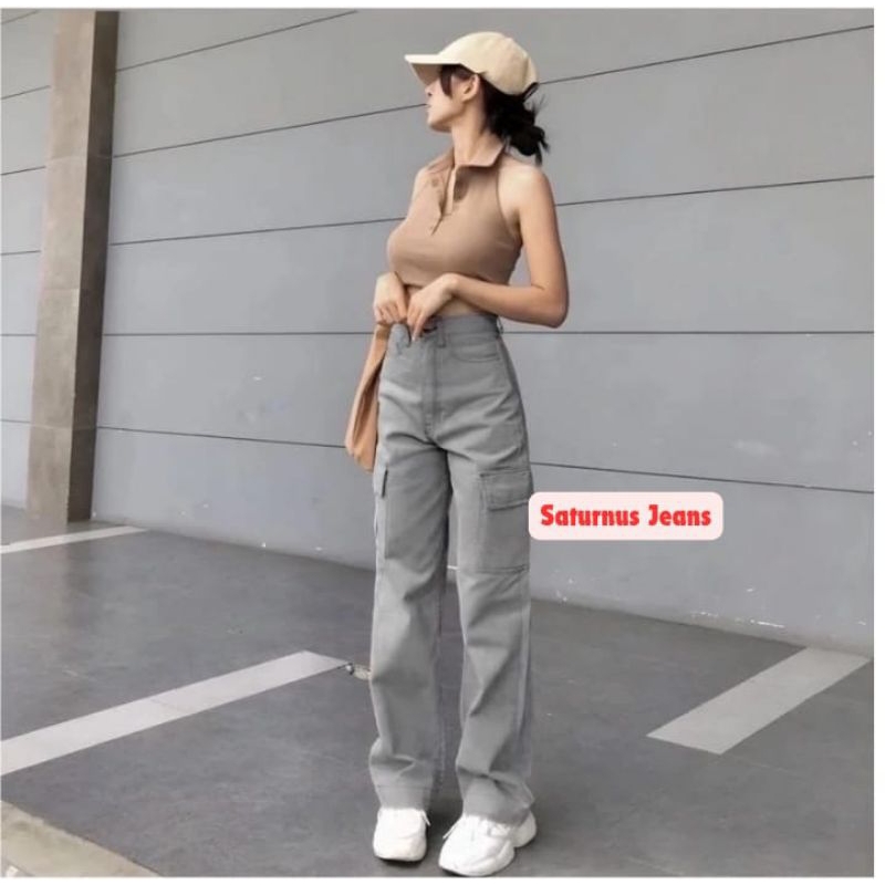 Highwaist Jeans Cargo Wanita Celana Panjang Jeans - Celana Cargo Jeans
