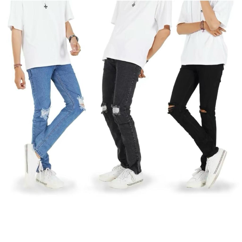 Celana Jeans Pria Sobek Abu Grey Slimfit Stretch Panjang Cowok Ripped Celana Denim Dewasa Sobek
