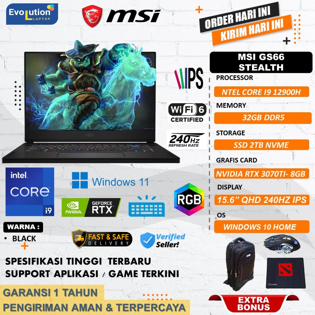 Laptop Gaming Msi GS66 Stealth Core i9 12900H Ram 64GB 2TB SSD RTX3070TI-8GB 15.6" QHD IPS 240HZ BLA