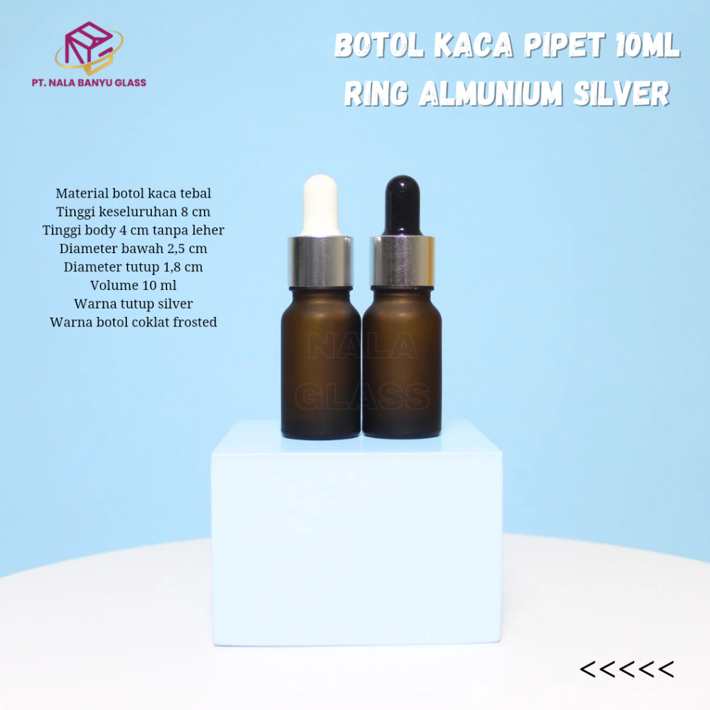 botol kaca pipet 10ml coklat doff - ring almunium silver
