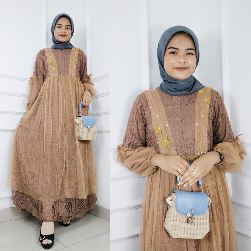 Gamis Wanita Terbaru Giana Maxy BO Bahan Brukat Malika Full Puring Size M L XL XXL  Dress Brukat Kon