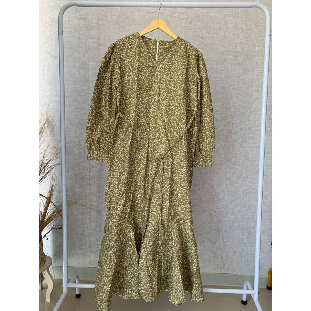 Midi Dress Gamis Hijau Motif Bunga