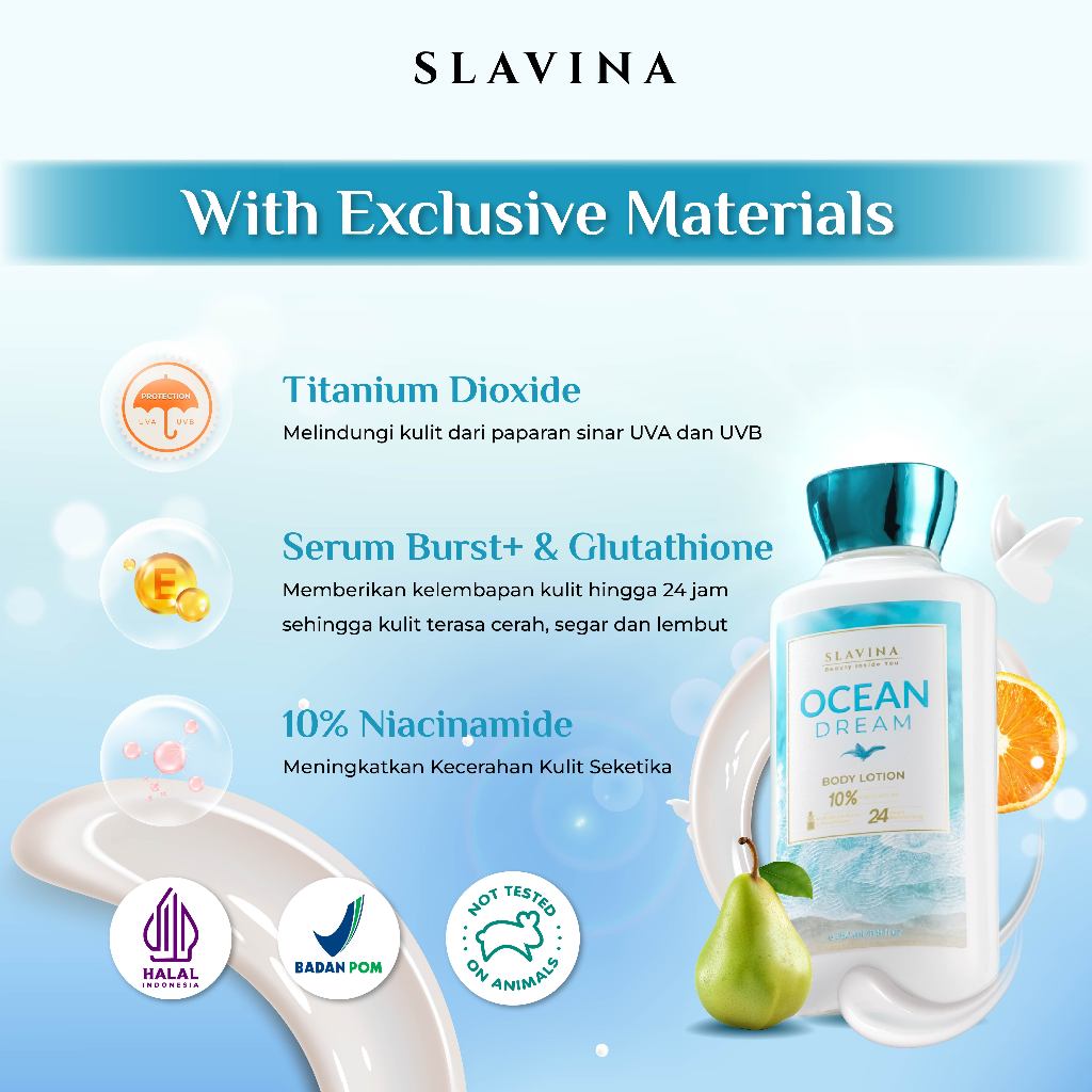 SLAVINA Body Lotion Ocean Dream + First Kiss (All Time Fresh) by Nagita Slavina - 10% Niacinamide with Serum Burst Glutathione Moisturizing Whitening
