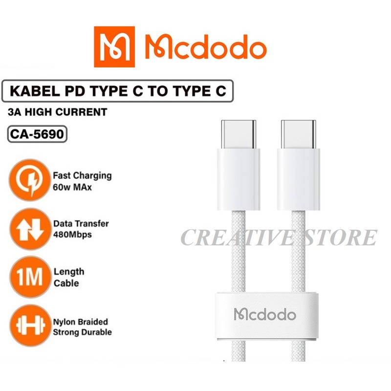 Kabel Data Type C to C MCDODO 3A Charger PD 60W QC Fast Charging CA-5690