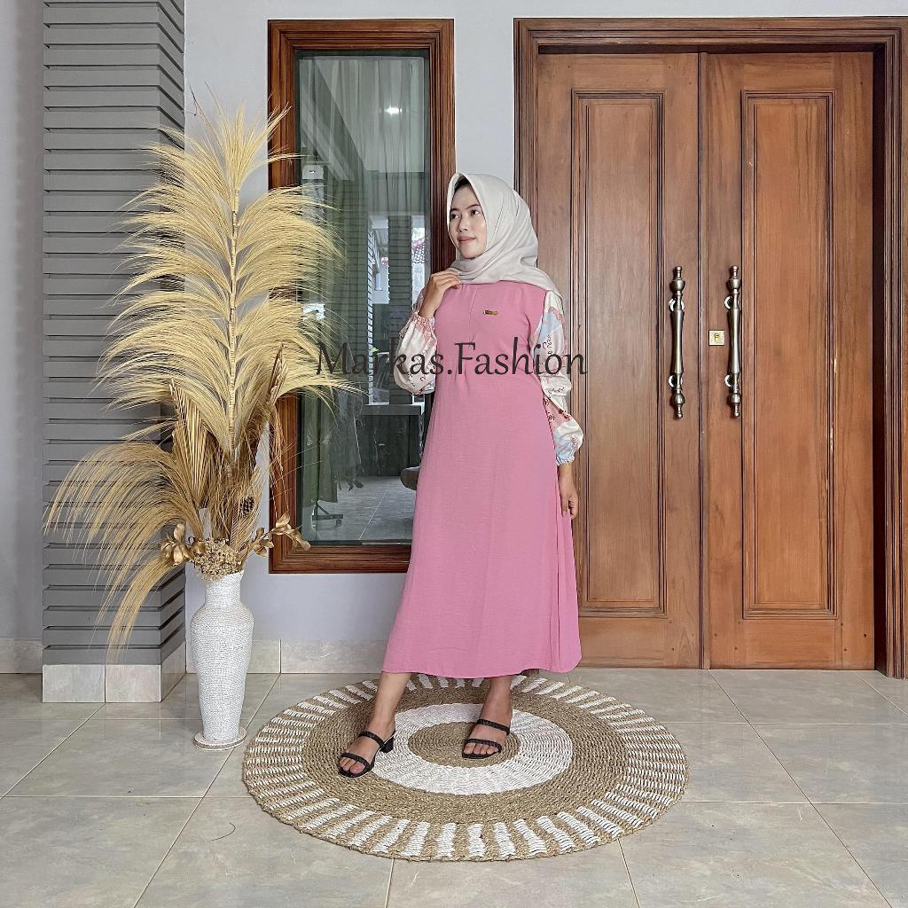 MIDI DRESS CRINKLE AIRFLOW MIX RAYON MOTIF BUNGA