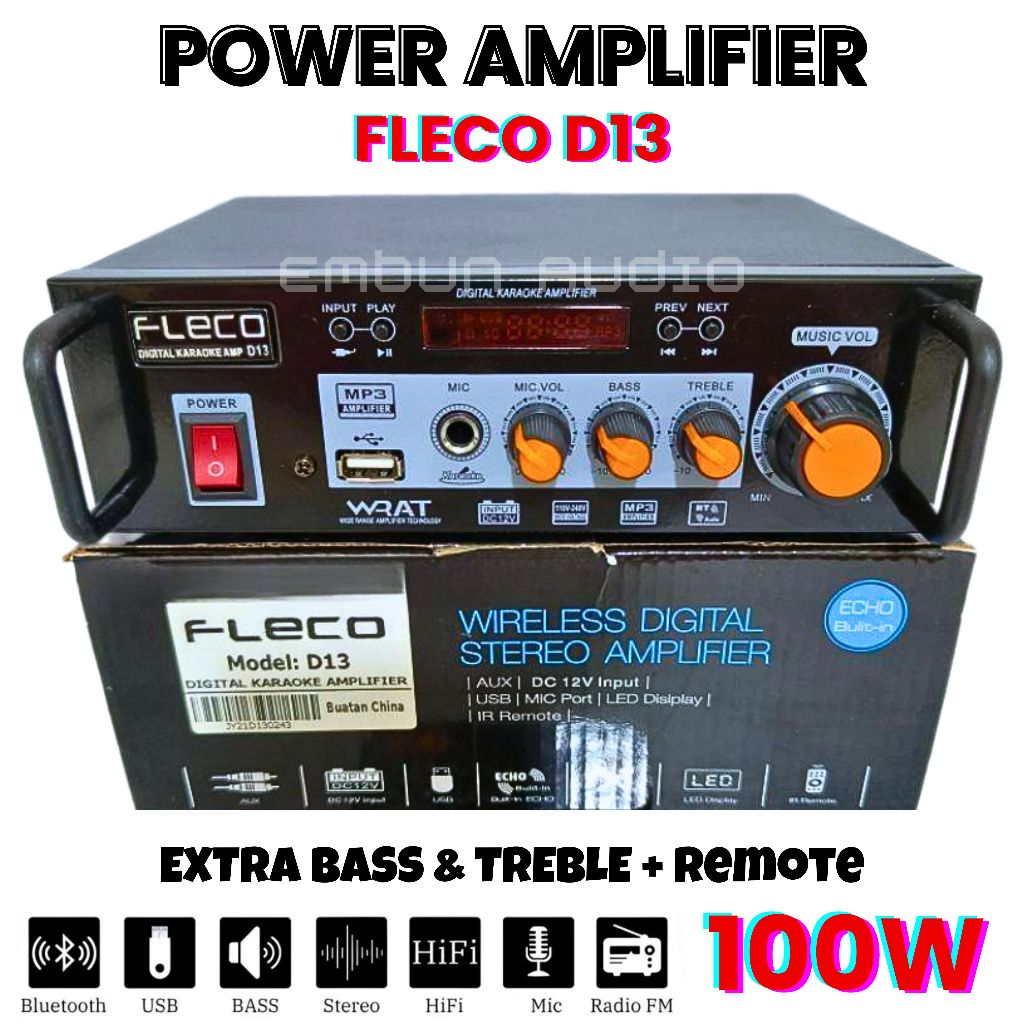 Amplifier Penguat Audio Stereo Bluetooth 100Watt FLECO D13 | Power Amplifier BASS + TREBEL + Bluetoo
