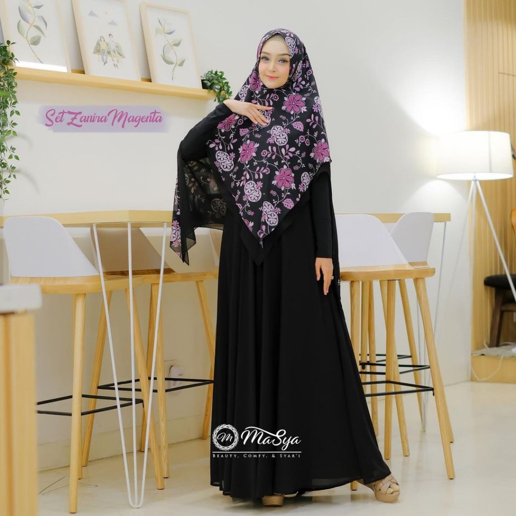 Set Gamis Dress Ceruty Babydoll Syari Branded Prinitng Denim - Maroon - Black - Magenta Mewah Masya 
