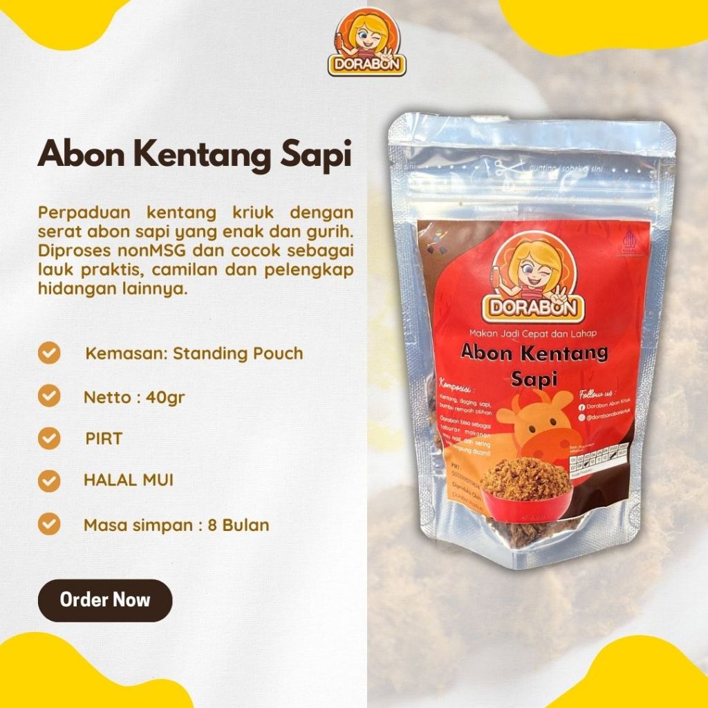 

ABON KENTANG SAPI DORABON 40 GRAM KEMASAN POUCH