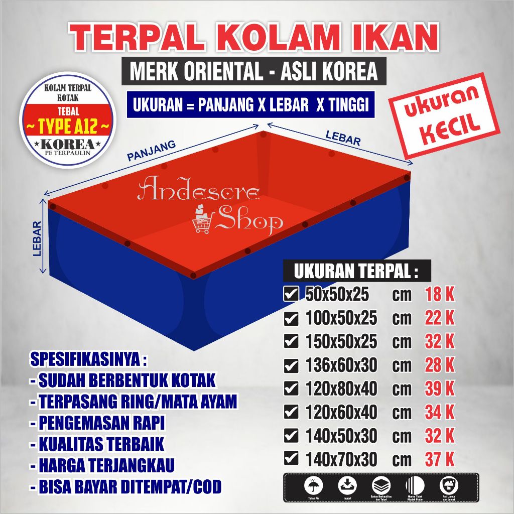 Kolam Terpal Ikan TAMBAK Type/Ketebalan A12 (UKURAN KECIL) ASLI Korea Terpal Kolam Ikan Kotak Terpal