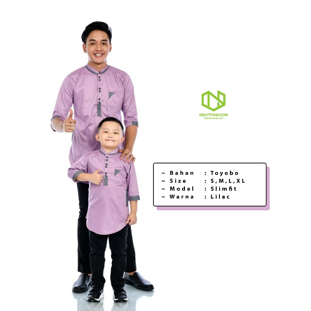 Baju Koko kurta Lilac Pria Couple Ayah dan Anak laki-laki lengan ¾ Premium