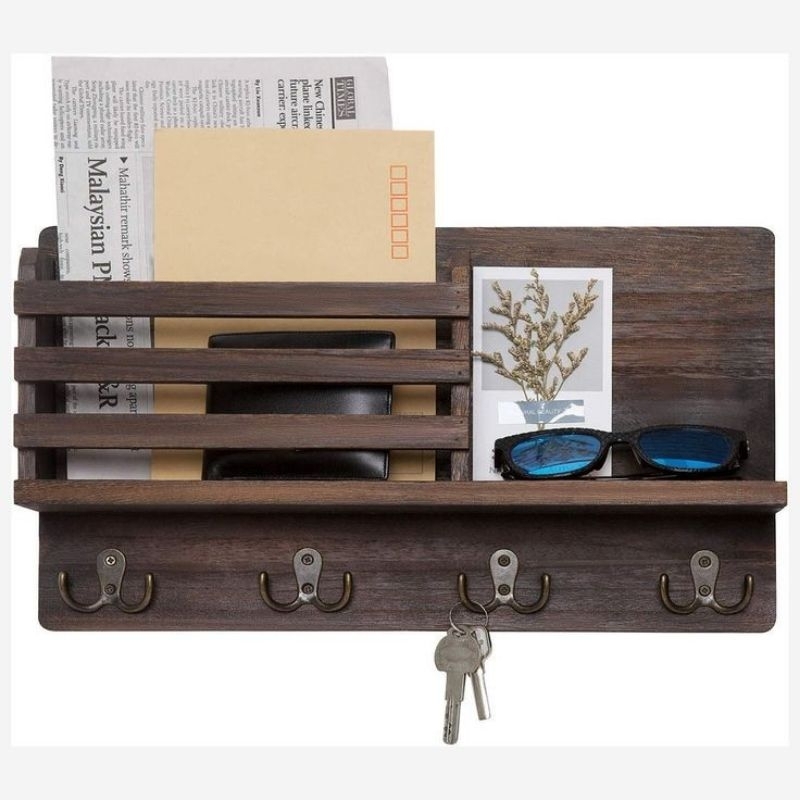 rak buku dan gantungan kunci kayu jati antik/ rak dinding kayu jati dobel hooks