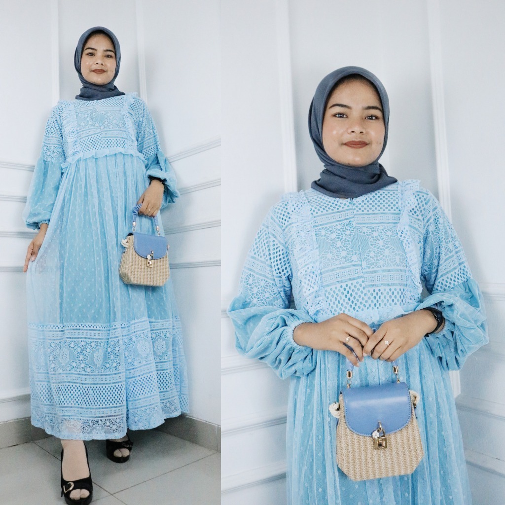 Gamis Wanita Terbaru Malika Maxy Bo Bahan Brokat Malika Mix Tile Full Puring Size M L XL XXL Dress B