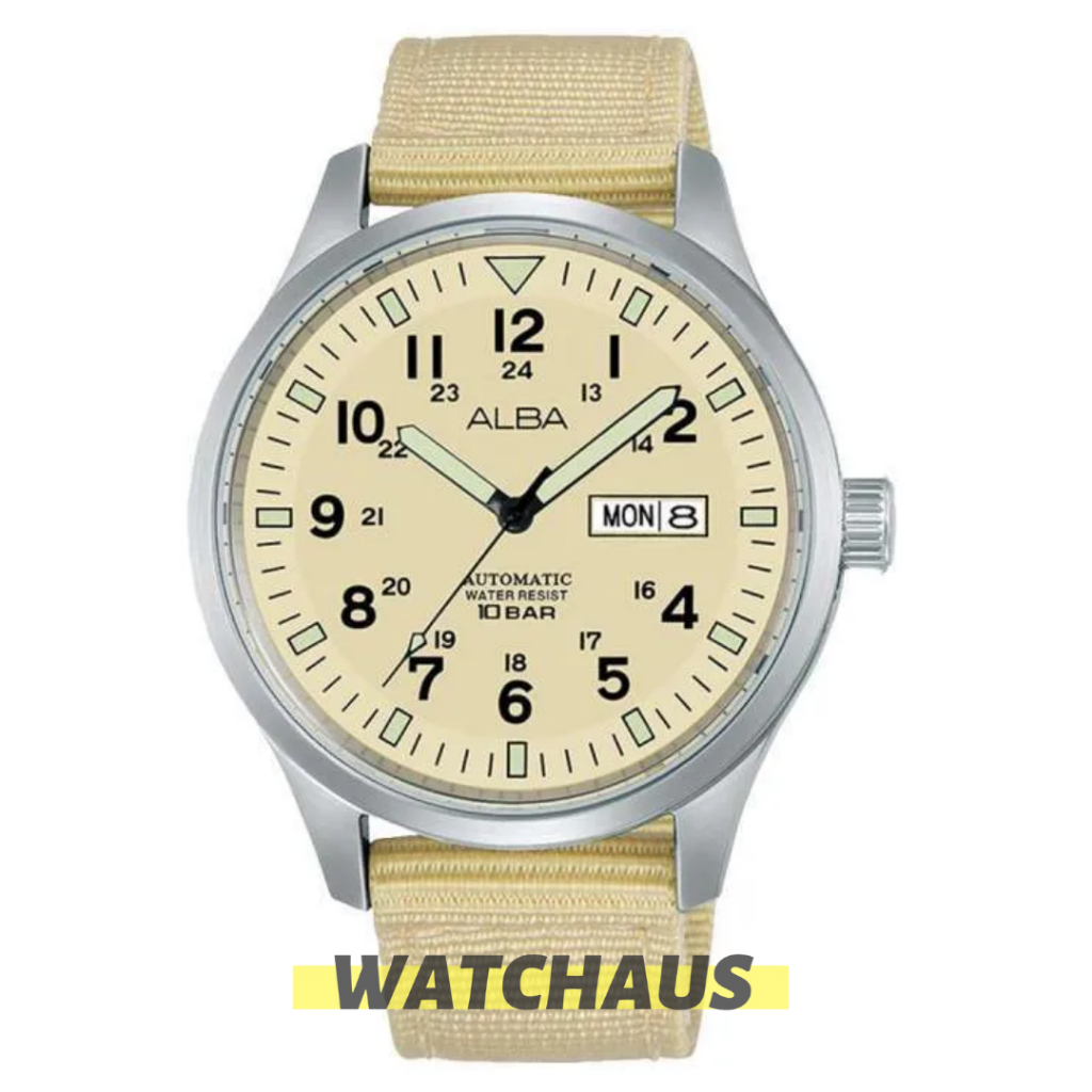 JAM TANGAN PRIA ALBA AL4221 AL4221X AL4221X1 ANALOG AUTOMATIC CREAM NYLON STRAP