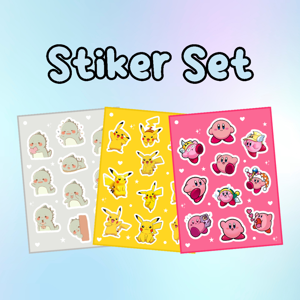 

Stiker Set Kartun Dino/Kirby/Pikachu Lucu Aesthetic