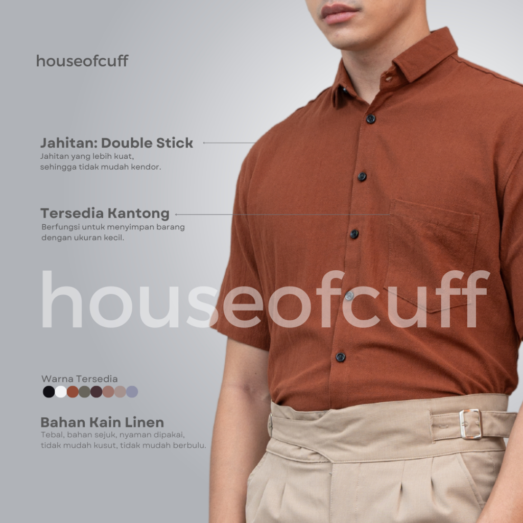 Houseofcuff Kemeja Linen Lengan Pendek Pria Warna Hijau Dusty