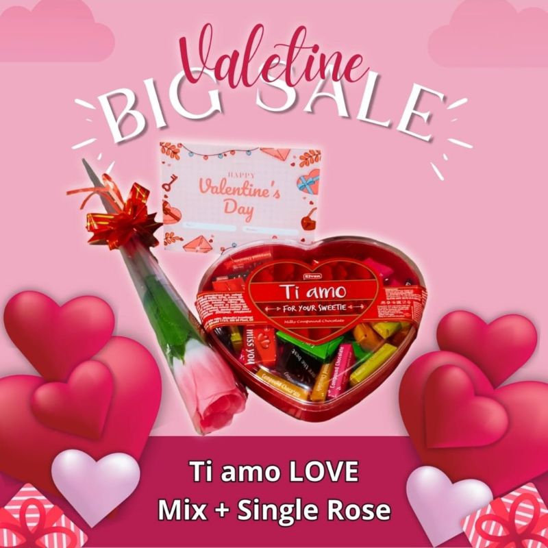 

Kado Valentine Coklat Ti AMO Love Free Bunga Rose dan Kartu Ucapan