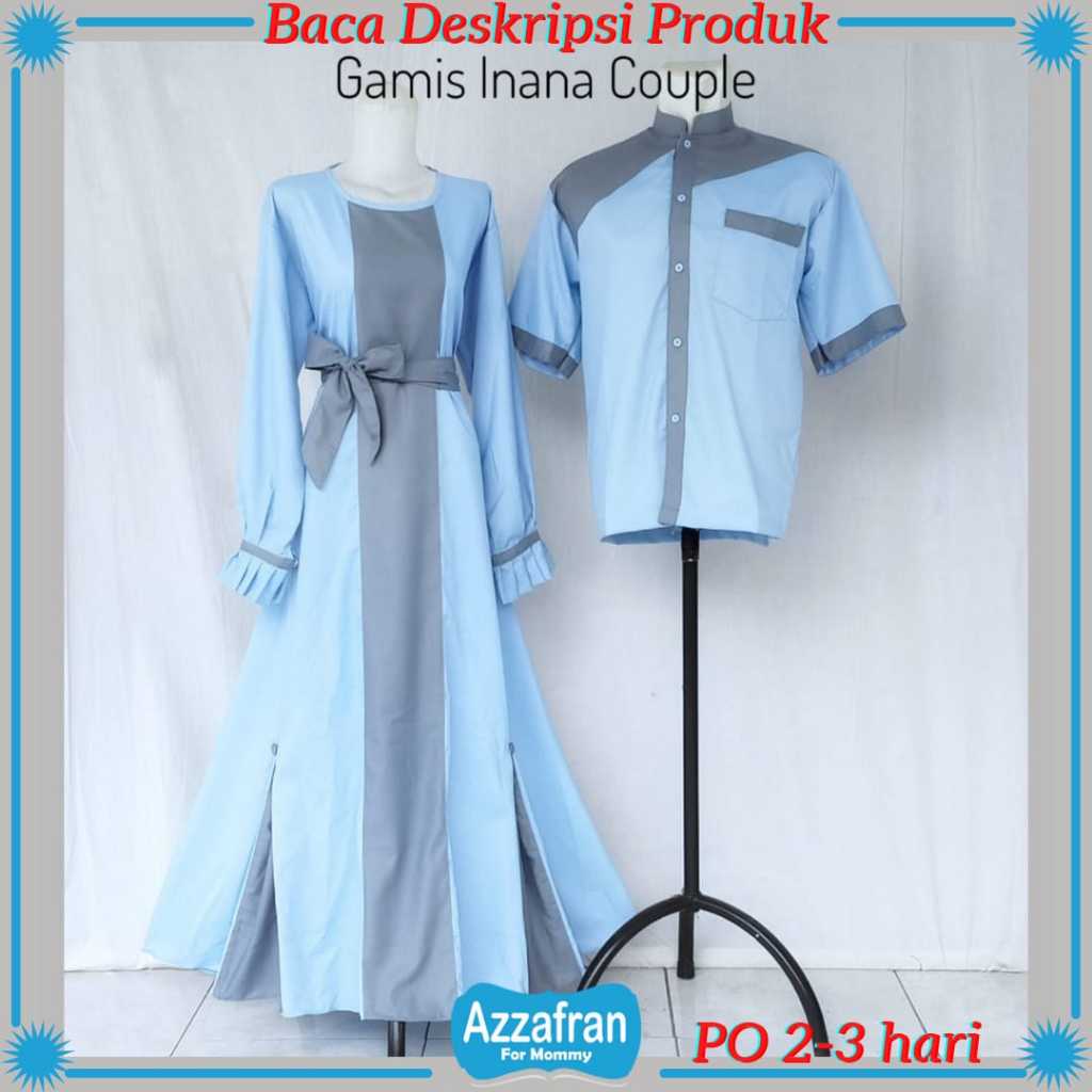 Gamis Inana Couple Biru Muda | Baju Katun Anak Perempuan & Dewasa | Seragam Lebaran Toyobo Terbaru