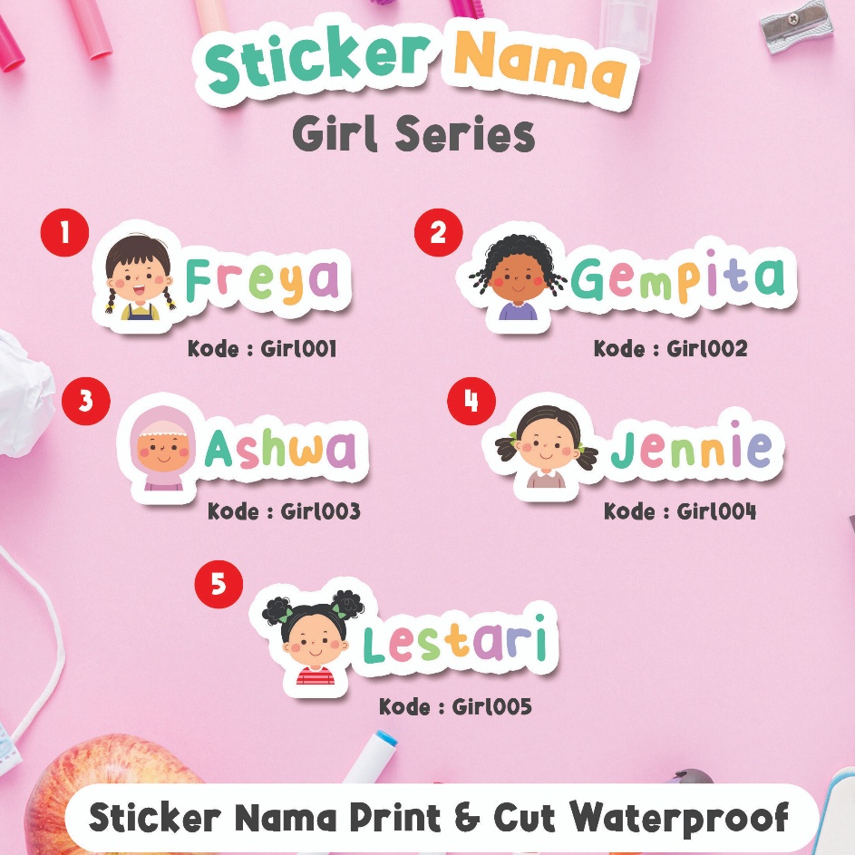 

GROSIR Stiker Nama Waterproof Cewek Cowok Label Nama Girl Boy tumbler kotak pensil Print and Cut Karakter